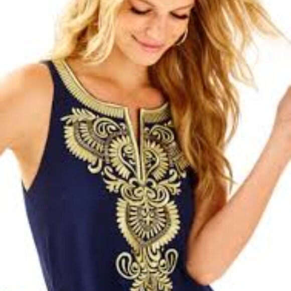 Lilly Pulitzer Aubra Embroidered Dress In Navy /Gold size XS - Picture 11 of 12